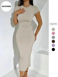 women's solid round neck bodycon dress, casual short sleeve sundress midi dress for daily outdoor wear, dress for women, ladies clothes, summer outfits 2024