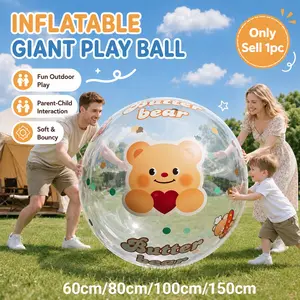 Giant Clear Inflatable Soccer Ball for Kids and Family Outdoor, Large High-Bounce PVC Beach Ball, Cute Bear Pattern, Portable Summer Activity Sphere, Includes Hand Pump for Quick Inflation,Compact Storage,Children's Day gift, for Backyard, Pool and Lawn