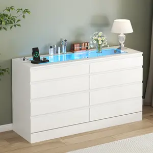 8 Drawer Dresser with Power Outlet, White Dresser for Bedroom Chest of Drawer with Glass Top & LED Light, Modern Double Wide Drawer Organizer Cabinet for Living Room