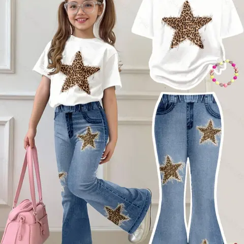 Teen Girls' Two-Piece Casual Set: Short-Sleeve Crewneck T-Shirt and Flared Pants — Vintage Leopard Print and Star Pattern, Matching Clothing Set, Fashion Style Sets, Summer Clothes Set, Summer Outfits Set