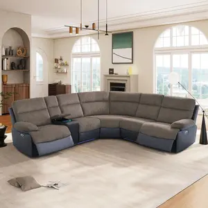 Modern 3-Piece Intelligent Recliner Sofa Set, premium brown striped fabric matched with scratch-proof black technical fabric, high-resilience thick cushions, multi-angle adjustable recline, stylish two-tone design for apartment and villa