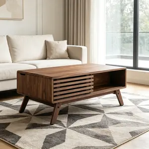 39.37-inch Walnut Color MDF Height-Adjustable Coffee Table, a multi-functional table with hidden storage space and open shelving, suitable for home and kitchen use