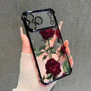 Electroplated Four Corner Anti-Fall Thorny Rose Pattern Phone Case for iPhone 17 16 Pro Max 15 Plus 14 13 12 11 17Air Shockproof Transparent Protective Cover iPhone case
