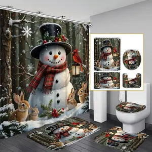 1PC/4PCS 2D Flat Winter Joy Snowman Rabbits Lantern Patterned shower curtain, home bathroom decor, shower curtain set with 12 hooks, non-slip bathroom rug, U-shaped toilet seat cover, toilet seat mat.
