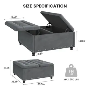 DAYAGO 33.5"W Upholstered Square Coffee Table Storage Ottoman with Split Lift Top - Soft Ottoman Seat for Vanity & Bedroom