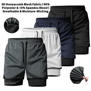 Men’s 4-pack double-layer mesh athletic shorts, honeycomb fabric quick-dry and breathable, with anti-exposure inner lining, available in multiple colors, suitable for running, fitness, and light sports activities.