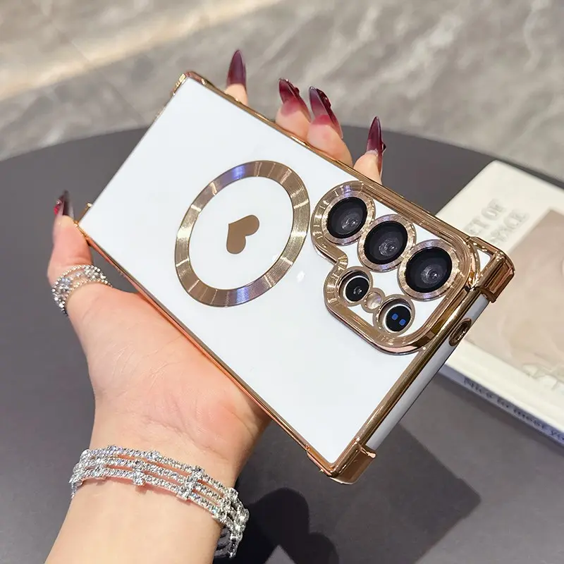 Fashionable Simple Four-Corner Anti-Drop Straight Edge Electroplated Solid Color Heart Magnetic Protective Phone Case Cover Protector Casing TPU Smartphone Cover Mobile Phone Accessories for Samsung Galaxy S26 Ultra/s26 Plus/s26/s25 Ultra/s24 Ultra