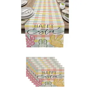 7-Piece Easter Tablecloth Set, Colorful Plaid Rabbit Table Runner, Farmhouse Happy Easter Decor, Spring Kitchen Dining Decoration