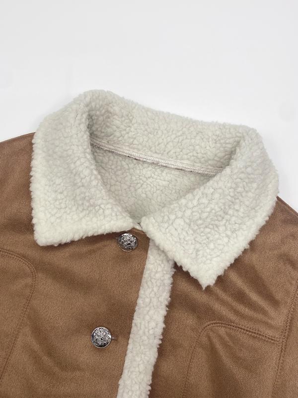 Aswulk Women's western denim retro lambskin patchwork warm suede jacket with pockets