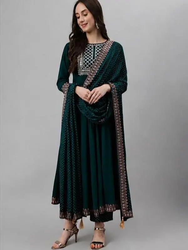 Women's Ethnic 3-Piece Viscose Rayon Clothing Set - Regular Fit, Flared, Embroidered, Pleated, Printed Sleeve Elegant Style Womenswear Suit