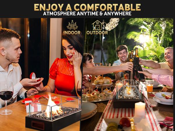 Rantizon Tabletop Fire Pit, Stainless Steel Table Top Firepit with Cobblestone & Protective Glass, Portable Smokeless Indoor & Outdoor Table Fireplace with Handle for Dinner Parties, Smores Maker