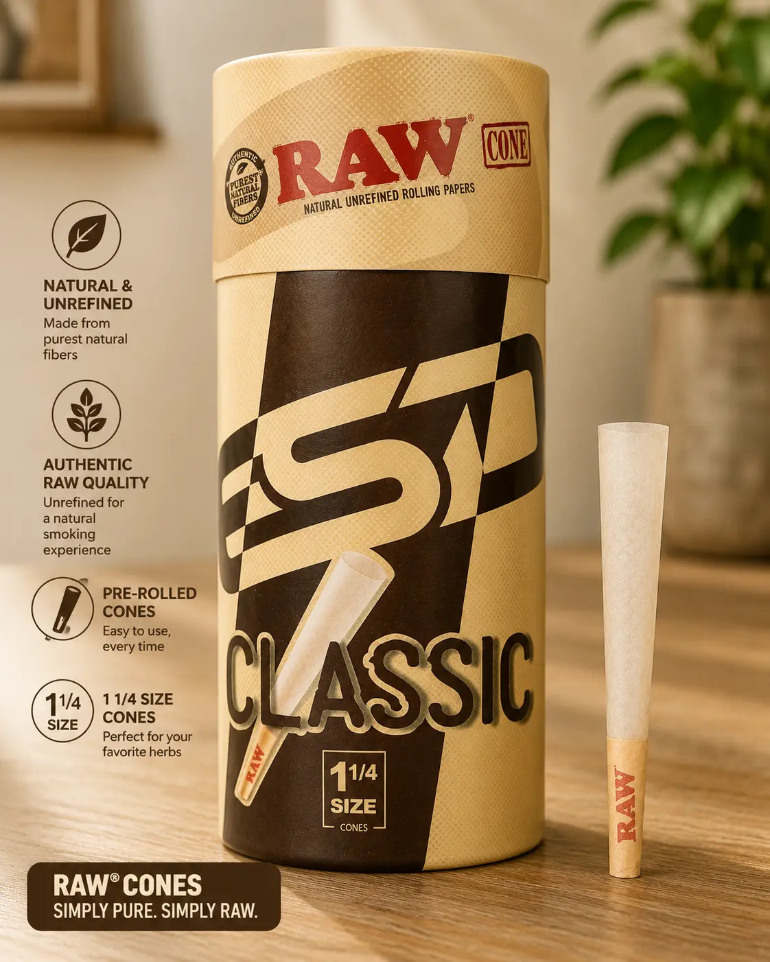 Cones Classic 1-1/4 Size - 50 Pack - Slow Burning Pre Rolled Cones made of Paper with Tips & Packing Tubes Included