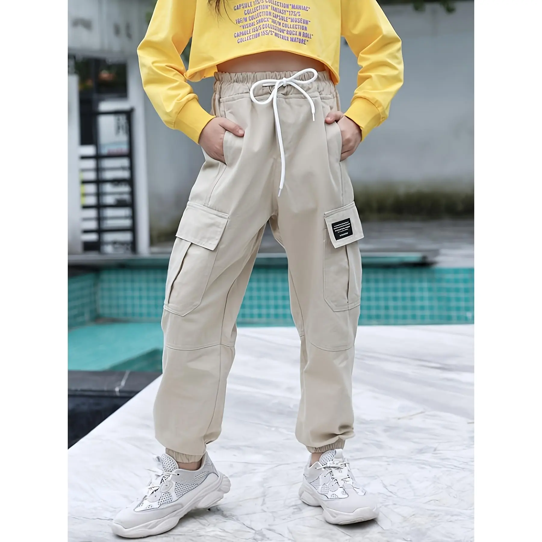 Girls Cargo Joggers, Cotton Blend, Drawstring Elastic Waist, Tapered Legs, Multiple Pockets, Casual Outdoor Bottoms for 7-13 Years Old