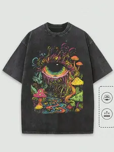 Vintage Trippy All Seeing Eye Magic Mushroom Psychedelic Forest T-Shirt, Washed Black Cotton Oversized Short Sleeve Tee, Rainbow Hippie Nature River Casual Crewneck Shirt