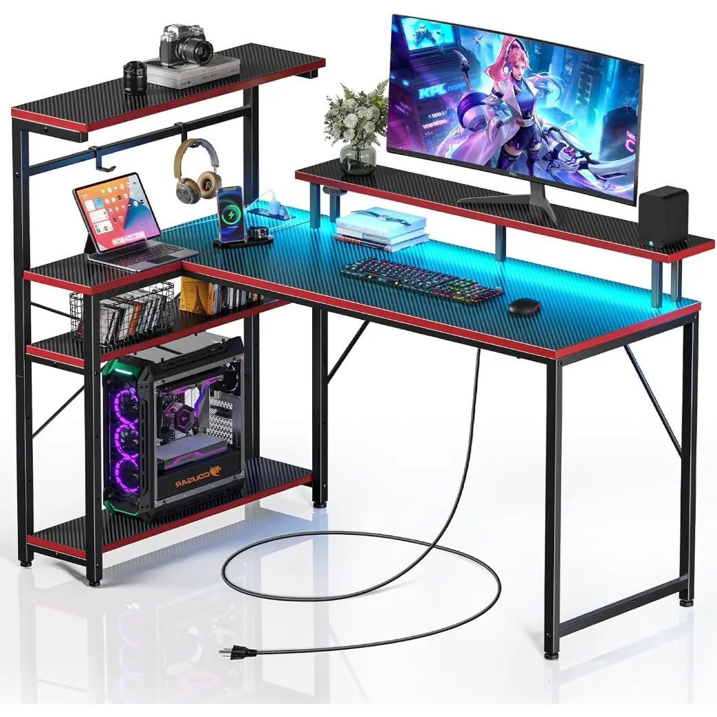 Cool Gaming Table Gaming Desk with Power Outlet and LED Light, Reversible Small Desk with Monitor Stand, 4 Tiers Shelves and Hooks, 47" L Shaped Computer Desk for Living Room and Bedroom, Carbon Fiber Black