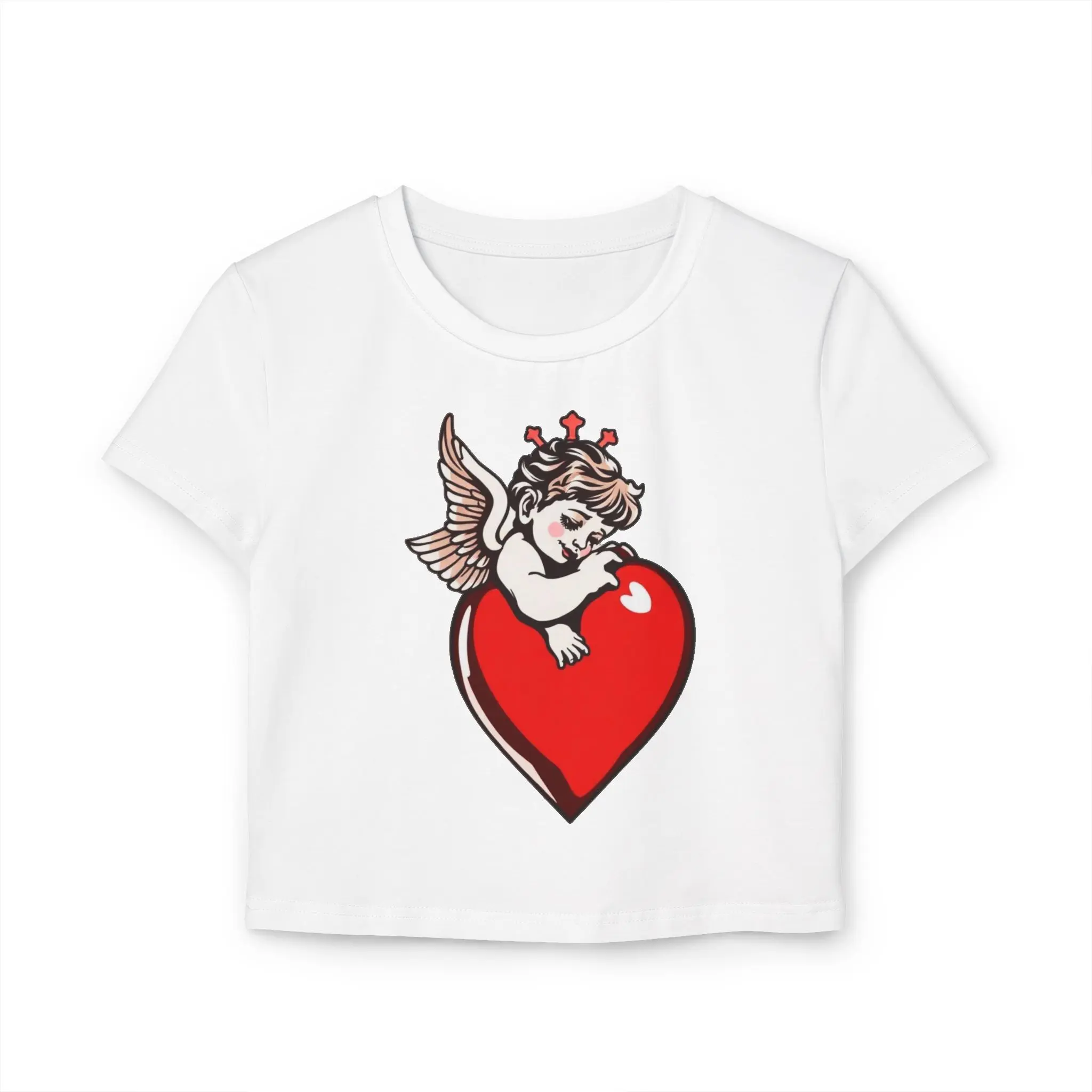 Cherub Holding Red Heart Women's Baby Tee | Valentine Cupid Graphic
