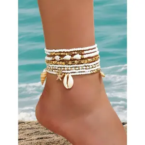 8pcs Bohemian Style Starfish Braided Anklet, Summer Beach Shell Cowrie Bead Foot Jewelry For Women