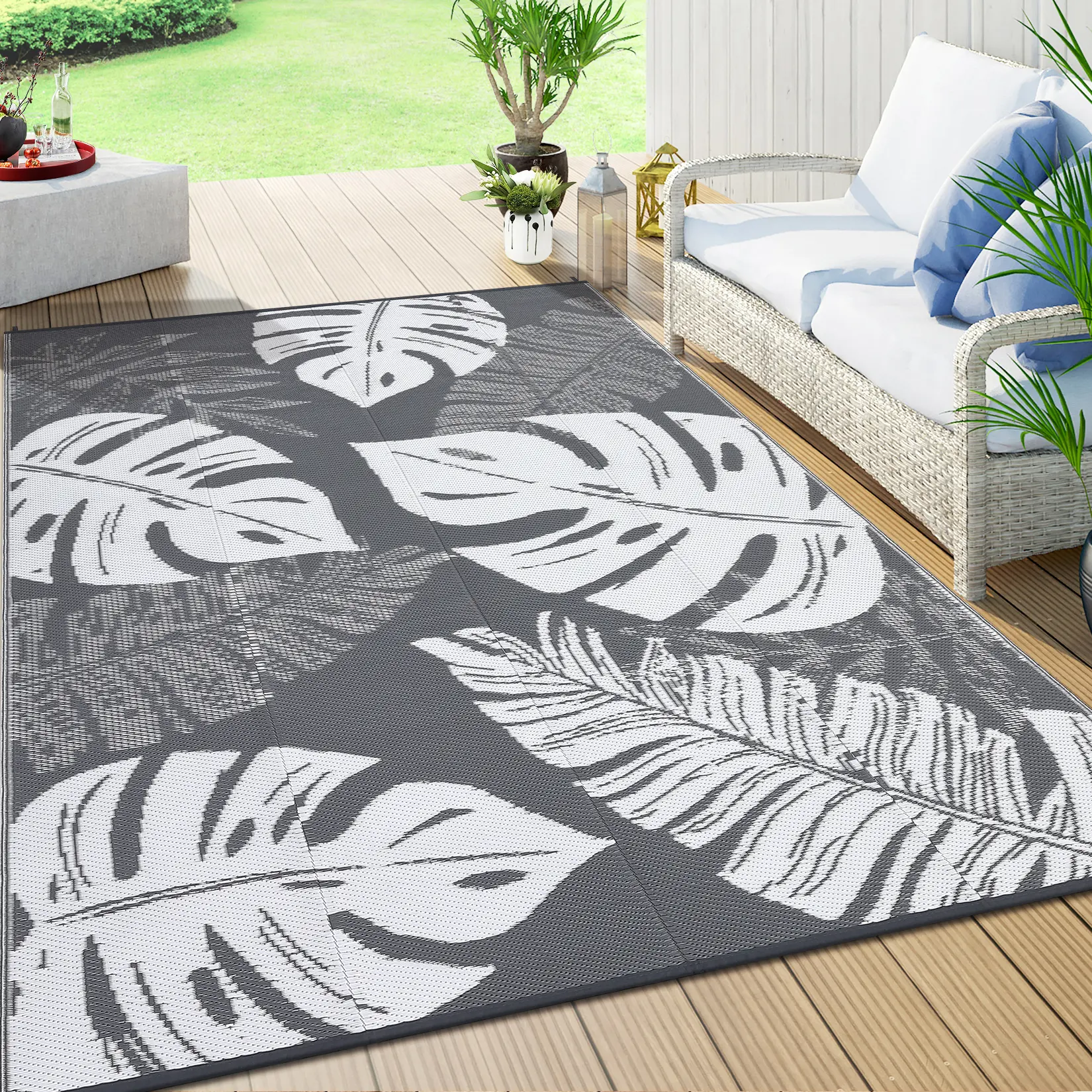 Garvee Waterproof Reversible Outdoor Rug - Modern Exotic Palm Leaf Patio Carpet - Durable, Non-Shedding, Easy Clean - Large 8x10/10x14 Mat for Porch, Deck, Balcony, Camping, RV, Picnic - Blue White Black Brown