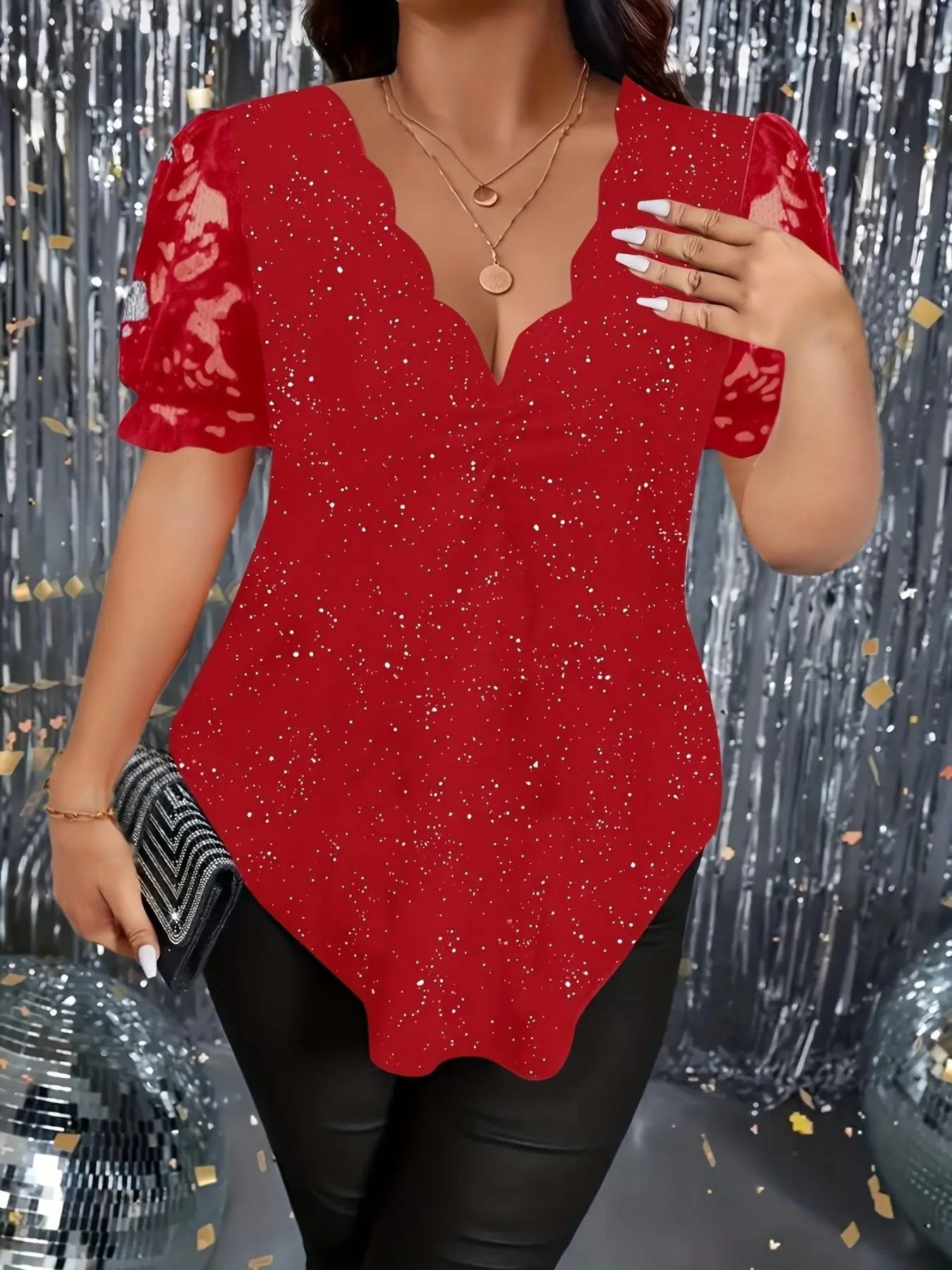 Elegant Plus Size Women's T-Shirt, Sparkly Glitter Lace, Wavy V-Neck, Short Sleeve, Casual Stylish and Comfortable, Perfect for Daily Wear