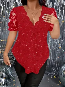 Elegant Plus Size Women's T-Shirt, Sparkly Glitter Lace, Wavy V-Neck, Short Sleeve, Stylish and Comfortable, Perfect for Daily Wear