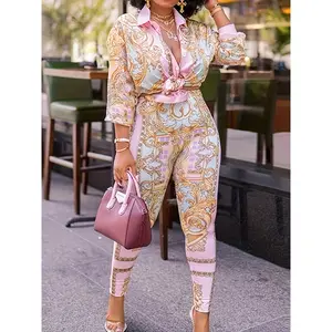 Pink English Print Two Piece Set Pencil Long Sleeve Two Piece Set