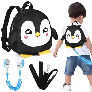 Toddler Harness Backpack Leash, Cute Penguin Kid Backpacks with Anti Lost Wrist Link, Mini Child Backpack Harness Leashes Walking Wristband Rope Travel Bag Harness Rein for Baby Girls (Black)