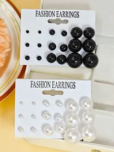 18-Piece Classic Imitation Pearl Ear Studs Set, & Colors Available, Three Sizes Included, Elegant Jewelry Collection, Stud Earrings Jewelry