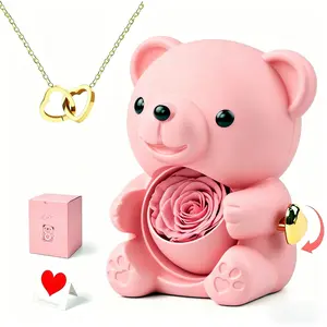 Rotating Rose Bear Jewelry Gift Box, Forever Rose with Interlocking Hearts Necklace, Perfect Gift for Valentine's Day, Mother's Day, Anniversary & Birthday Gift Box、Ready to Gift、With Greeting Card