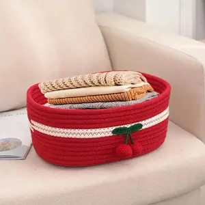 Handmade Cherry Storage Basket, Decorative Woven Basket with Cherry Embroidery & Knitted Strawberry Accents, Perfect for Home or Gift