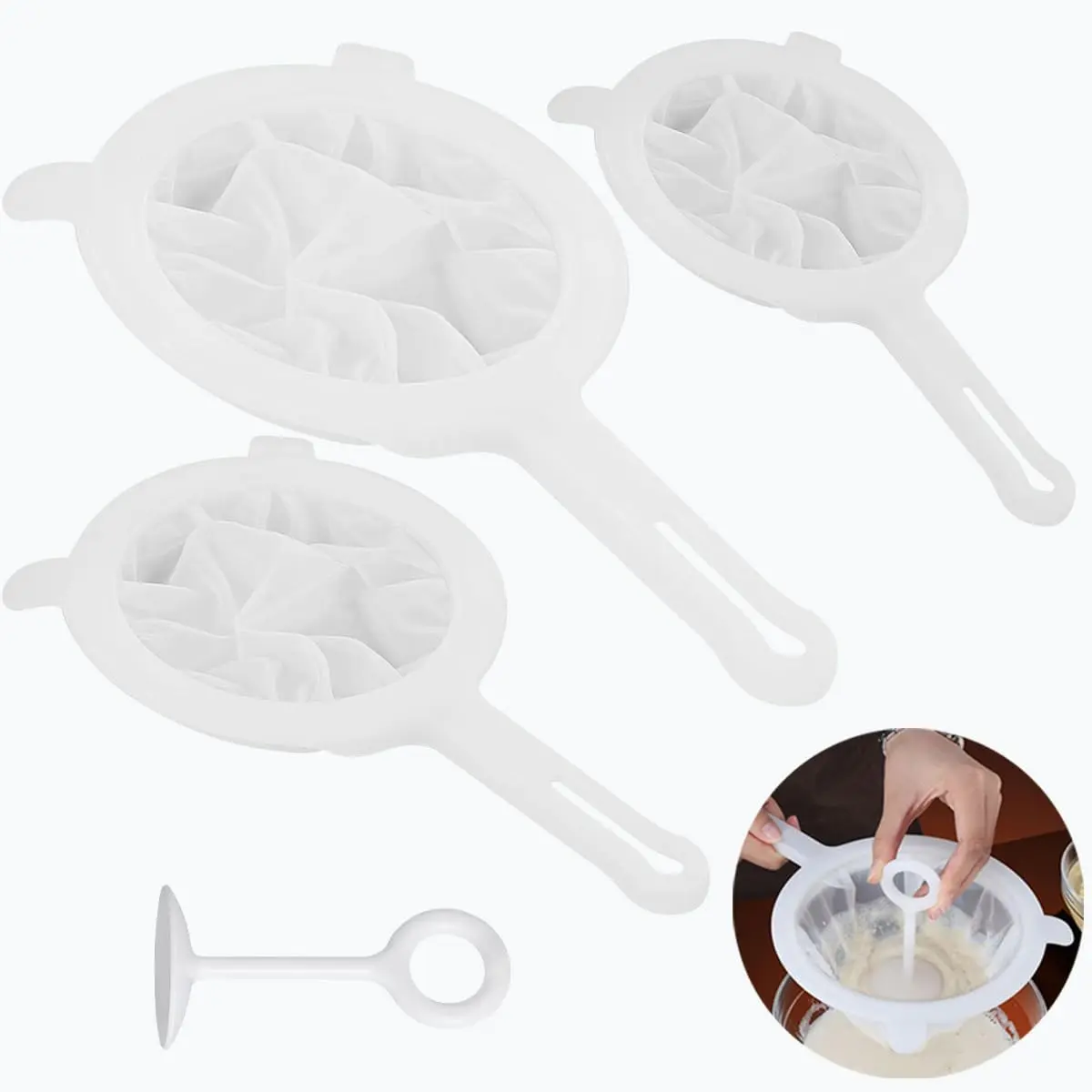 3 Piece Fine Mesh Strainer, Yogurt Strainer, Juice Strainer After Juicing with Press BarKitchen Strainer for Milk Tea, Nut Milk, Soymilk, Juice, Yogurt, Coffee, Honey (120 mesh) Utensils Sturdy