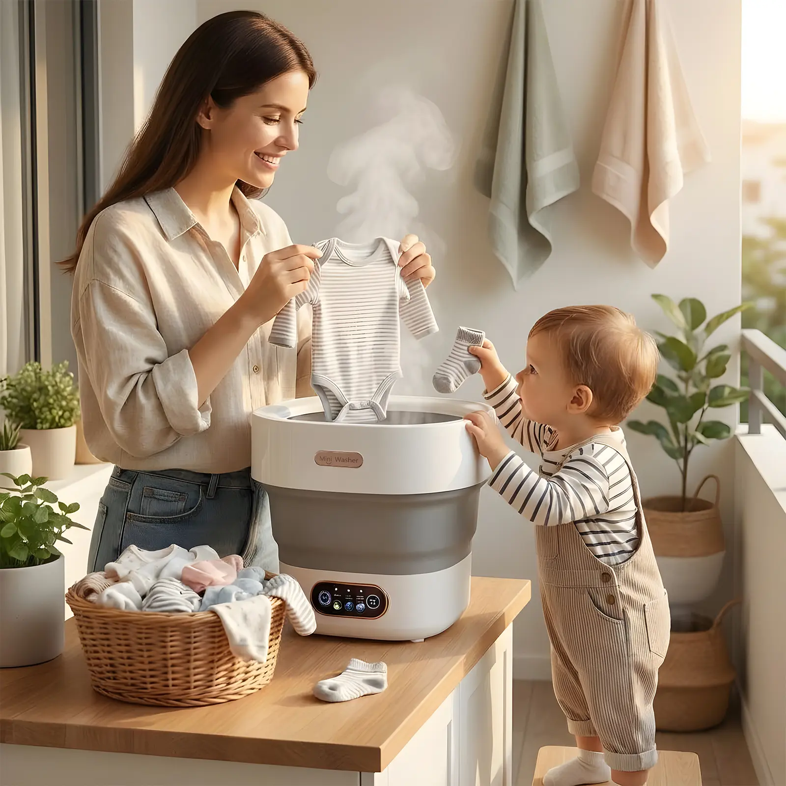 Garvee collapsible 12-13L Mini Portable Washing Machine with Spin Basket - 3 Wash Modes, Quiet Operation, Drain Hose - Compact Travel Washer for Underwear/Baby Clothes/Socks