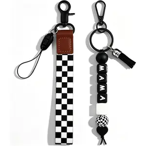 Black Checkered Mama Keychain, Wristlet Lanyard with Silicone Beads for Car Keys, Purse Charms, Backpack Accessories, Daily Carry, Mom Gifts and Fashion Key Holder