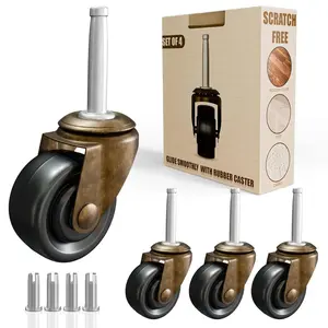 Antique Brass Casters with Rubber Wheels 1-5/8" Stem Caster  for Chairs, Sofa, Dresser |  Furniture Rollers for Hardwood Floor Set of 4