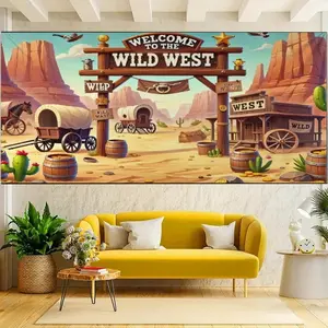 Western Theme 2D Background, Carriage, Barrel, Cactus, Mountain, Reusable Polyester Fiber Photography Backdrop, Party Decoration Props