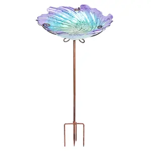 MUMTOP Waterproof Durable Outdoor Glass Bird Baths with Metal Stake Birdbaths Attract Garden Feeder 26 inch Height Purple Bowl