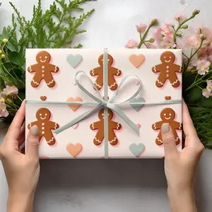 Sweet Gingerbread Delight - Whimsical Pastel Pink Wrapping Paper with Hearts, 30x36, 30x72, 30x180
