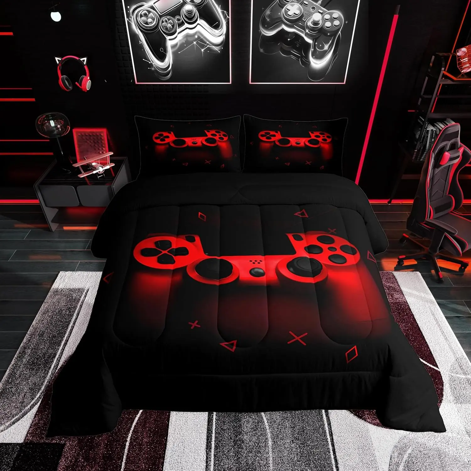Feelyou Boys' Gaming Bedding Sets - Retro Gamepad Printed Blanket, Machine Washable Soft Warm Bedding, Lightweight Breathable Quilt Cover, Black-Red Option for Teens