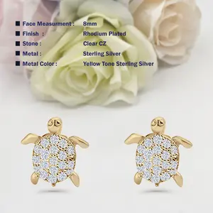 8mm Turtle Stud Earrings Push Back CZ 925 Sterling Silver Women Round Earring