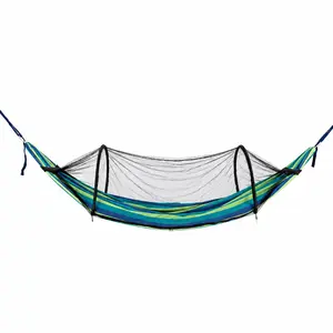 Anti-Tip Mosquito Net Hammock, Outdoor Camping Hammock for Solo or 2-Person Use, Heavy-Duty Canvas, Built-In Support Rods & Pop-Up Mosquito Net, Includes Tree Straps, Carabiners, Mesh Pocket & Storage Bag, 114×55 in, Blue or Red Stripe
