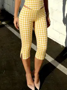 1Pc Women Y2K Gingham Capri Pants High Waist Split Hem Casual Trousers For Summer Streetwear