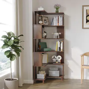 6-Tier Corner Bookshelf, 71.5" Tall Modern Corner Bookcase Made of Rubber Wood, Space-Saving Display Shelf with Storage for Living Room, Bedroom, or Home Office, Available in four colors