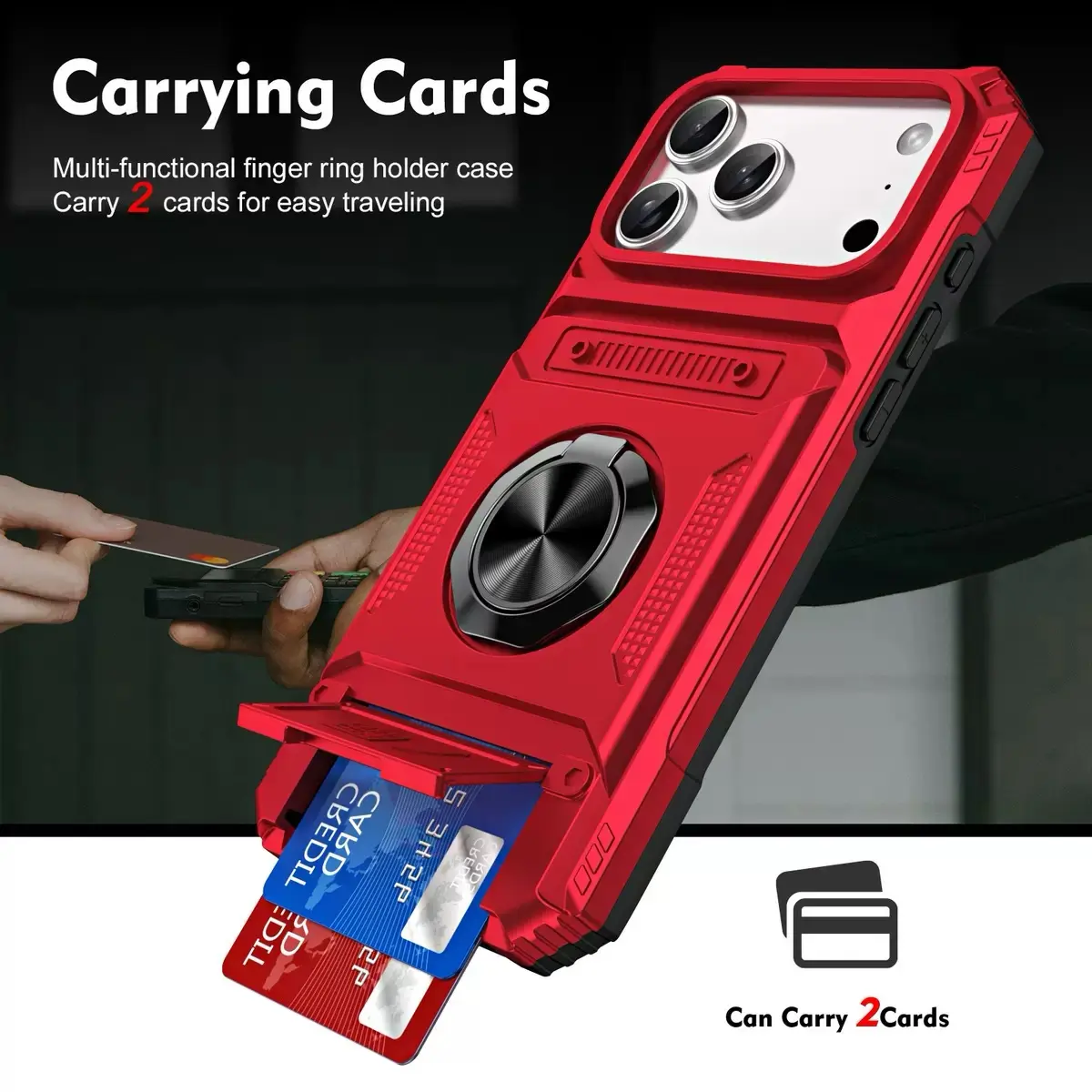 Phone Case for iPhone 17, 16, 15, 14, 13, 12 Series - Concealed Card Slot, Layered Shockproof Design with Magnetic Ring Holder, Iphone Series, Accessories