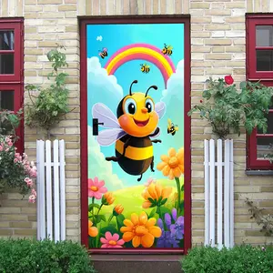 2pcs Cartoon Bee Rainbow Wall Stickers for Kids Room Cute Animal Flower Decor Self Adhesive Removable Bedroom Kindergarten Wall Decoration Eco Friendly PVC Waterproof Sunproof Children's Room Stickers