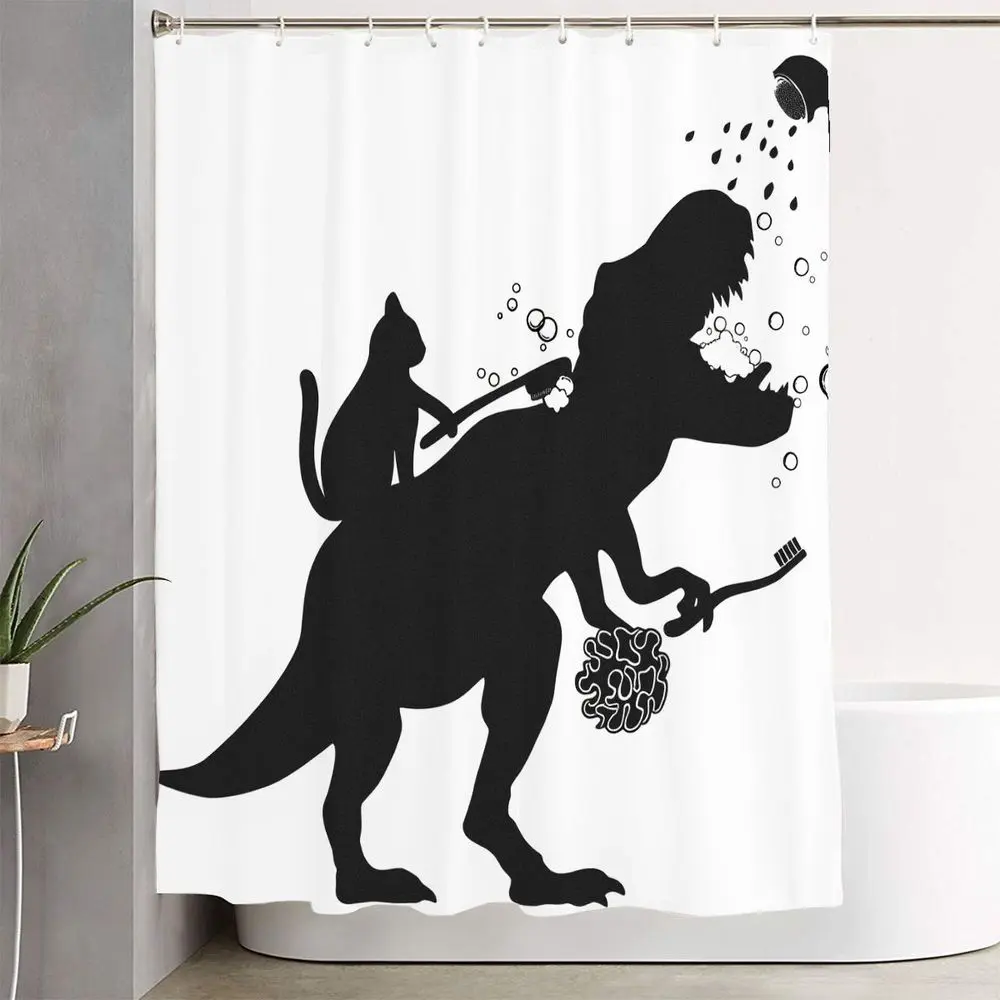 1/4pcs Easter & St Patrick's Day Black White Dinosaur & Cat Bathroom Set - Shower Curtain Sets (T-Rex with Bubble Brush, Cat on Back) + 2 Bath Mats + Toilet Decal, Playful Silhouette Bathroom Decor for Kids' Bathrooms, Birthday & Spring Gift