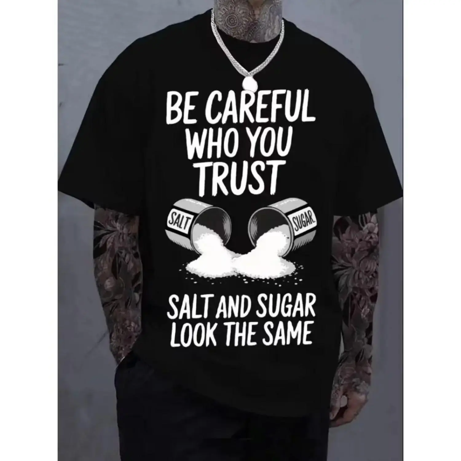 Trust Caution Graphic TShirt with Salt and Sugar Design Unisex Casual Crew Neck Short Sleeve Soft Cotton Breathable Loose Fit Top