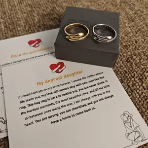 Hug Ring For My Daughter Granddaughter Lover Adjustable Copper,  Valentine’s Day Gift, Symbol of Love Protection Companionship 3 Bilingual Greeting Cards Trendy Fashion Creative Jewelry