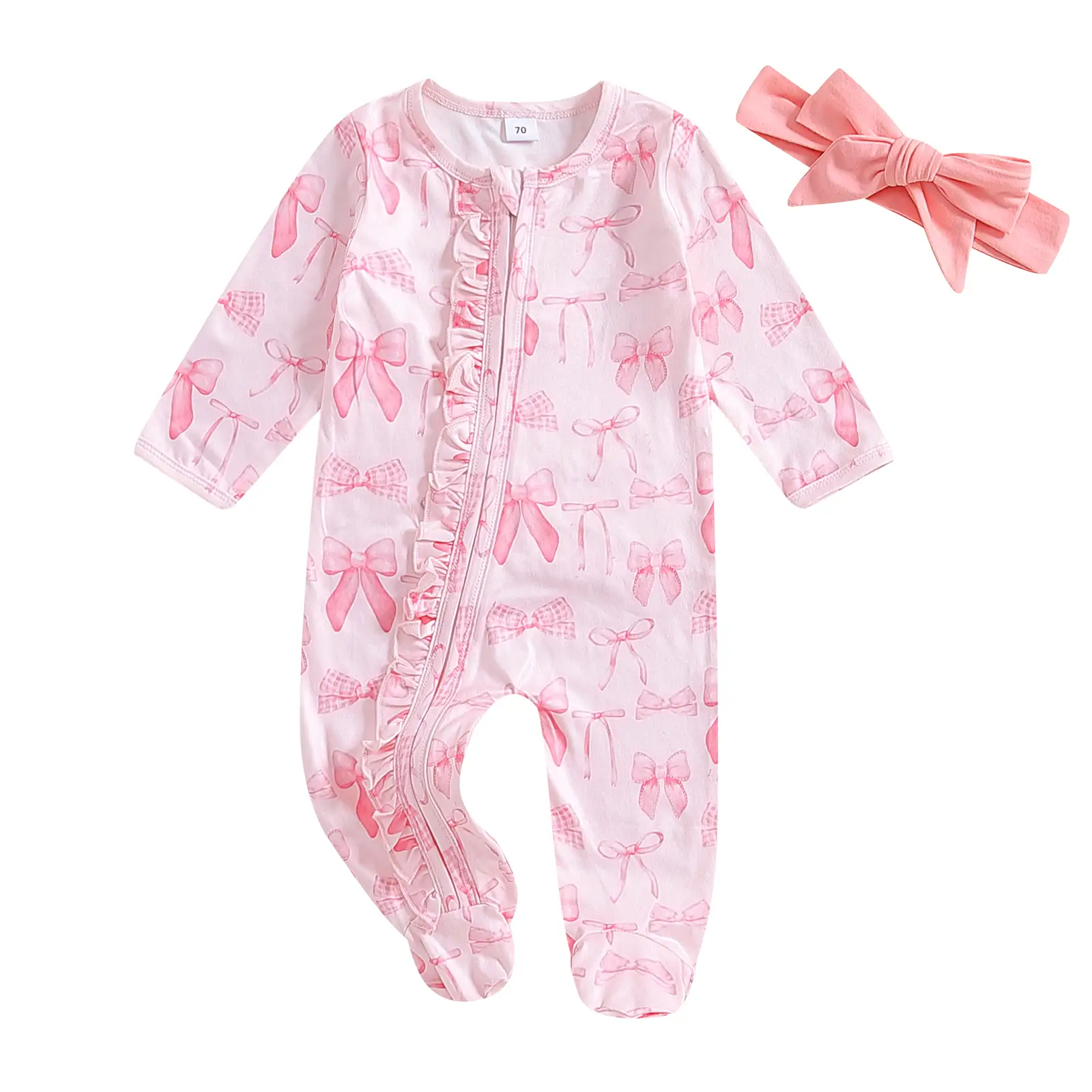 Infant Baby Girl Hospital Sleepers Bow Print Zipper Footed Jumpsuit Fall Winter Ruffle Long Sleeve Romper Pants Onesie Bodysuit Newborn Coming Home Ou