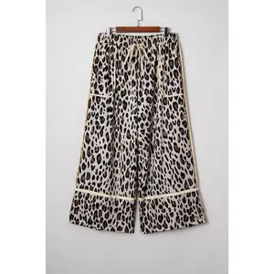 Khaki Exposed Seam Patched Pocket Plus Size Drawstring Leopard Wide Leg Pants