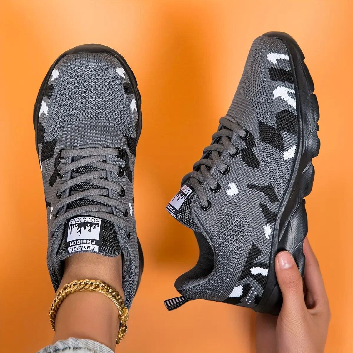Women's Camouflage Casual Sneakers - Low-Top Genuine Leather & Mesh, Lightweight Breathable Slip-Resistant All-Seasons Footwear for Running & Walking, Lace-Up Ankle Shoes