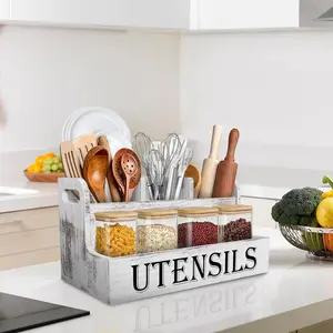 Rustic White Wooden Kitchen Utensil Organizer, Countertop Cooking Tool & Spice Storage Box